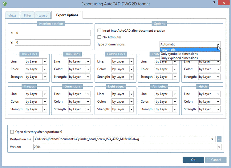 Tabbed page "Export options" - AutoCAD DWG 2D