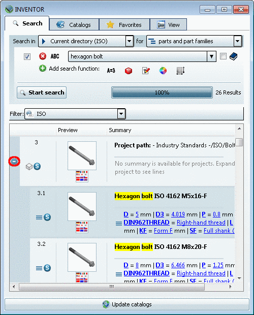 When you click on the plus sign, the part family opens and you can see the contained parts.
