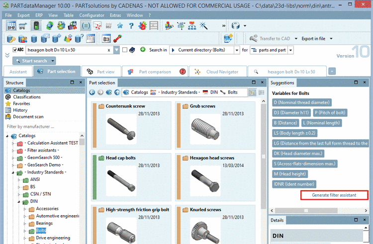 Docking window "Suggestions" -> Variables for "Bolts" -> Button "Generate filter assistant"SuggestionsDocking window
