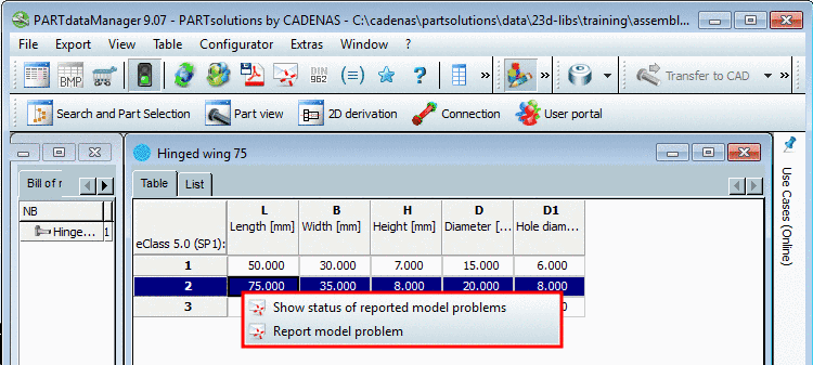 Context menu commands "Show status of reported model problems" and "Report model problem" in the table