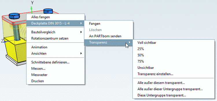 Context menu: Assembly - 3D view - Call on selected part - submenu "selected part" -> "Transparency"