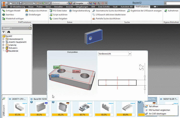 LIVEsearch exemplarily in Inventor