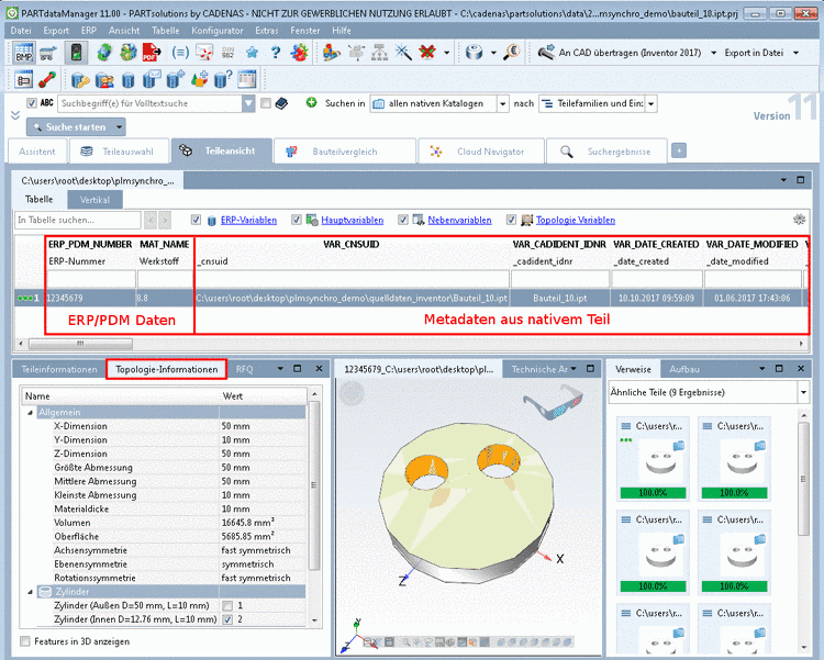 PARTdataManager Teileansicht - Sachmerkmalstabelle mit Daten aus ERP/PLM und CAD