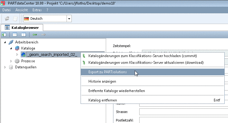 Der Befehl "Export zu PARTsolutions" wird nur angezeigt, wenn (auf dem Server) im Schlüssel "catalogs" der Wert "export" gesetzt ist.