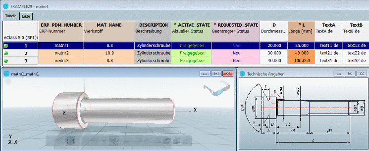 PARTdataManager Teileansicht - Sachmerkmalstabelle mit Daten aus ERP, CAD, PLM
