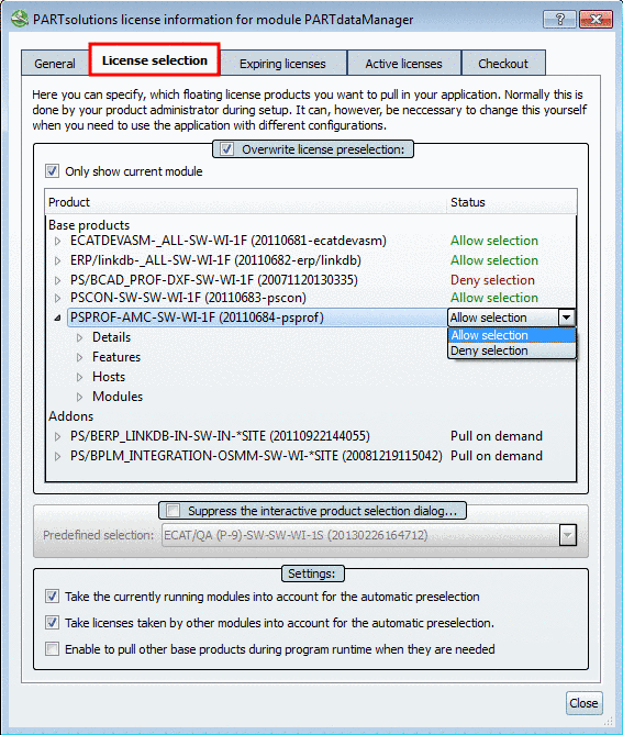 Example: PARTsolutions license information for the PARTdataManager module