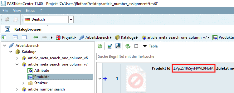 Example: Display of the internal identifier under "Products".