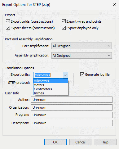 Solid Edge setting options -> Export units